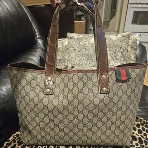 GUCCI❤️GG💚Supreme Coated Canvas & Leather Sherry Line med tote Authentic (FUC)